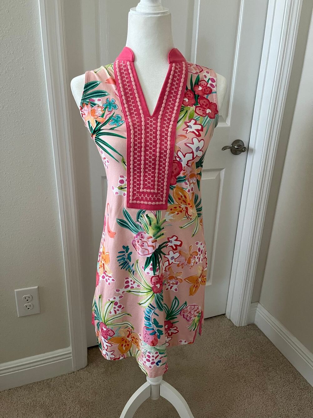 Spartina 449 Monica Sleeveless Embroidered Tunic Shift Dress Pink Floral XS
